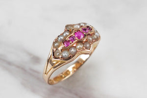 ANTIQUE VICTORIAN PINK SAPPHIRE & SEED PEARL RING ON 15ct YELLOW GOLD