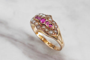 ANTIQUE VICTORIAN PINK SAPPHIRE & SEED PEARL RING ON 15ct YELLOW GOLD