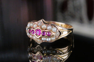 ANTIQUE VICTORIAN PINK SAPPHIRE & SEED PEARL RING ON 15ct YELLOW GOLD