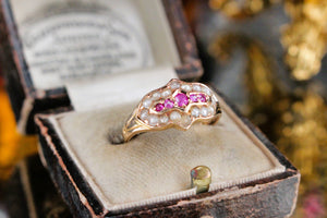 ANTIQUE VICTORIAN PINK SAPPHIRE & SEED PEARL RING ON 15ct YELLOW GOLD