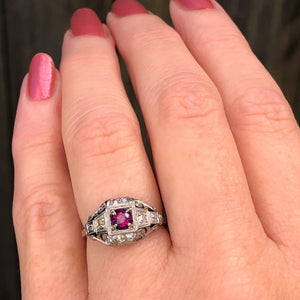 ANTIQUE ORIGINAL ART DECO c1920 RUBY & DIAMOND RING ON 14ct WHITE GOLD AND PLATINUM