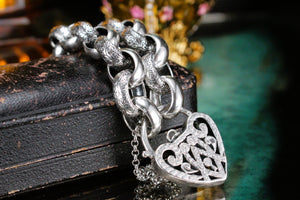 ANTIQUE EDWARDIAN DAY & NIGHT HEART PADLOCK BRACELET ON STERLING SILVER