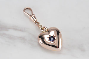 ANTIQUE EDWARDIAN c1910 STAR SET SAPPHIRE PUFFY HEART WITH DOG CLIP ON 9ct YELLOW GOLD