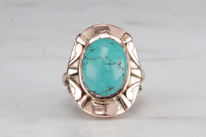 VINTAGE MID CENTURY c1970 TURQUOISE RING ON 14ct ROSE GOLD