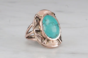 VINTAGE MID CENTURY c1970 TURQUOISE RING ON 14ct ROSE GOLD