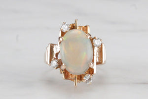 VINTAGE MID CENTURY c1960 SOLID WHITE OPAL & DIAMOND DRESS RING ON 9ct YELLOW GOLD