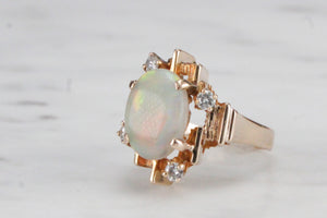 VINTAGE MID CENTURY c1960 SOLID WHITE OPAL & DIAMOND DRESS RING ON 9ct YELLOW GOLD