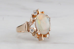 VINTAGE MID CENTURY c1960 SOLID WHITE OPAL & DIAMOND DRESS RING ON 9ct YELLOW GOLD