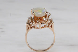 VINTAGE MID CENTURY c1960 SOLID WHITE OPAL & DIAMOND DRESS RING ON 9ct YELLOW GOLD