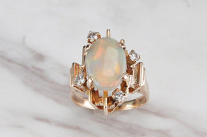 VINTAGE MID CENTURY c1960 SOLID WHITE OPAL & DIAMOND DRESS RING ON 9ct YELLOW GOLD