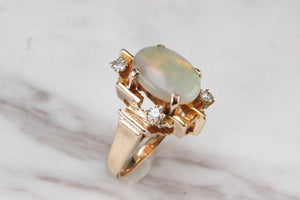 VINTAGE MID CENTURY c1960 SOLID WHITE OPAL & DIAMOND DRESS RING ON 9ct YELLOW GOLD