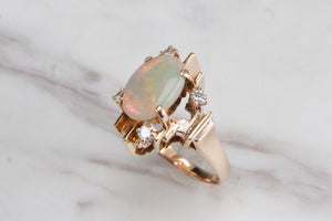 VINTAGE MID CENTURY c1960 SOLID WHITE OPAL & DIAMOND DRESS RING ON 9ct YELLOW GOLD