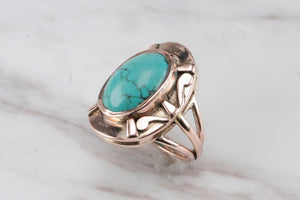 VINTAGE MID CENTURY c1970 TURQUOISE RING ON 14ct ROSE GOLD