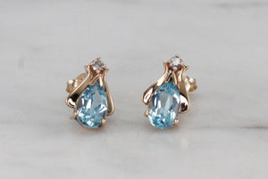 RETRO AQUAMARINE & DIAMOND EAR STUDS ON 9ct YELLOW GOLD