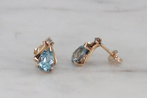 RETRO AQUAMARINE & DIAMOND EAR STUDS ON 9ct YELLOW GOLD