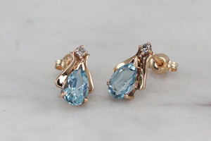 RETRO AQUAMARINE & DIAMOND EAR STUDS ON 9ct YELLOW GOLD