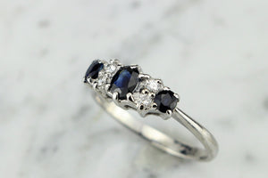 VINTAGE c1981 SAPPHIRE & DIAMOND RING ON 18ct WHITE GOLD