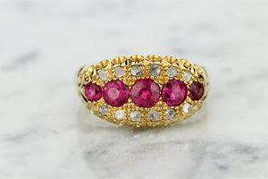 ANTIQUE GARLAND ERA c1914 PINK SAPPHIRE & DIAMOND RING ON 18ct YELLOW GOLD