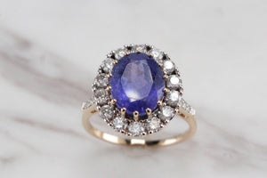 MODERN 4.09ct TANZANITE & DIAMOND HALO RING ON 14ct YELLOW & WHITE GOLD