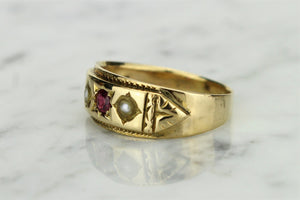 AUSTRALIAN ANTIQUE VICTORIAN c1890’s RUBY & SEED PEARL RING ON 18ct YELLOW GOLD