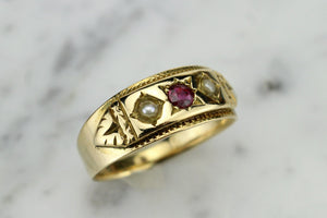 AUSTRALIAN ANTIQUE VICTORIAN c1890’s RUBY & SEED PEARL RING ON 18ct YELLOW GOLD