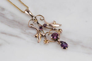 ANTIQUE EDWARDIAN c1910 AMETHYST LAVALIERE ON 9ct YELLOW GOLD