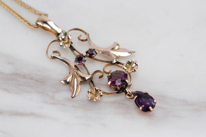 ANTIQUE EDWARDIAN c1910 AMETHYST LAVALIERE ON 9ct YELLOW GOLD