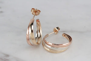 MODERN TRI-COLOURED HOOP EARRINGS ON 9ct YELLOW GOLD