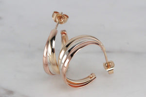 MODERN TRI-COLOURED HOOP EARRINGS ON 9ct YELLOW GOLD