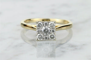 VINTAGE ESTATE C1940’s DIAMOND SQUARE CLUSTER RING ON 14ct YELLOW GOLD