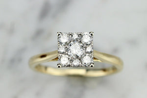 VINTAGE ESTATE C1940’s DIAMOND SQUARE CLUSTER RING ON 14ct YELLOW GOLD