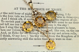 ANTIQUE ART NOUVEAU c1910 CITRINE & SEED PEARL PENDANT ON 9ct YELLOW GOLD