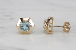 RETRO ESTATE AQUAMARINE EARRINGS ON 9ct YELLOW GOLD