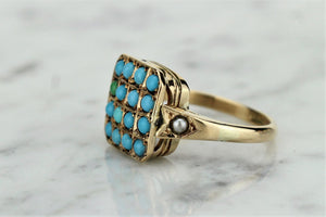 ANTIQUE EDWARDIAN c1910 TURQUOISE & SEED PEARL RING ON 15ct YELLOW GOLD