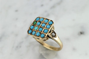 ANTIQUE EDWARDIAN c1910 TURQUOISE & SEED PEARL RING ON 15ct YELLOW GOLD