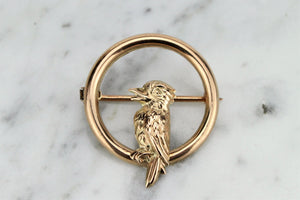 AUSTRALIAN ANTIQUE KOOKABURRA BROOCH ON 9ct ROSE GOLD