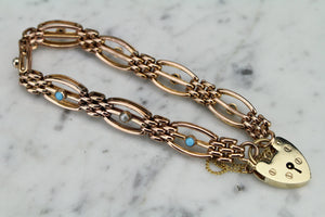 ANTIQUE EDWARDIAN SEED PEARL & TURQUOISE GATE LINK BRACELET WITH VINTAGE HEART PADLOCK ON 9ct GOLD