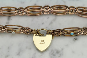 ANTIQUE EDWARDIAN SEED PEARL & TURQUOISE GATE LINK BRACELET WITH VINTAGE HEART PADLOCK ON 9ct GOLD