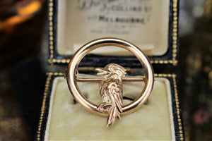 AUSTRALIAN ANTIQUE KOOKABURRA BROOCH ON 9ct ROSE GOLD