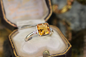 MODERN 2.5ct CITRINE & DIAMOND RING ON 9ct YELLOW GOLD