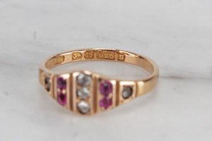 ANTIQUE VICTORIAN c1887 DIAMOND & RUBY RING ON 15ct YELLOW GOLD