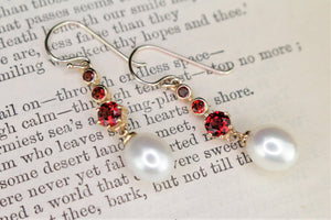 MODERN GARNET & PEARL DROP EARRINGS ON 9ct YELLOW GOLD