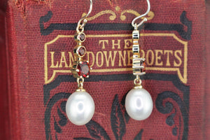 MODERN GARNET & PEARL DROP EARRINGS ON 9ct YELLOW GOLD