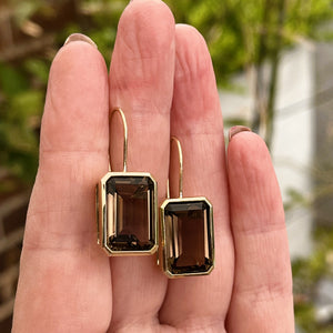 CONTEMPORARY DESIGNER SMOKY QUARTZ EARRINGS ON 9ct YELLOW GOLD