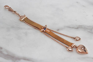 ANTIQUE EDWARDIAN c1910 SAPPHIRE RUBY & SEED PEARL ALBERTINA FOB LANYARD ON 14ct YELLOW GOLD