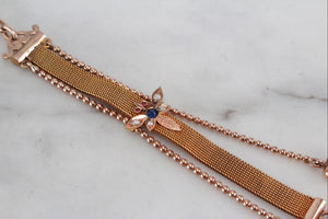 ANTIQUE EDWARDIAN c1910 SAPPHIRE RUBY & SEED PEARL ALBERTINA FOB LANYARD ON 14ct YELLOW GOLD