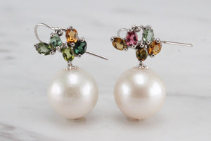 MODERN CULTURED FRESHWATER PEARL & SAPPHIRE EARRINGS ON 18ct WHITE GOLD