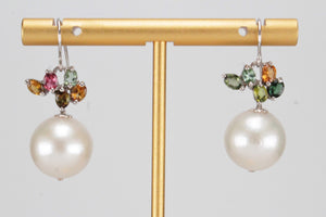 MODERN CULTURED FRESHWATER PEARL & SAPPHIRE EARRINGS ON 18ct WHITE GOLD