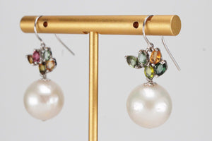 MODERN CULTURED FRESHWATER PEARL & SAPPHIRE EARRINGS ON 18ct WHITE GOLD