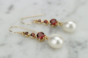 MODERN GARNET & PEARL DROP EARRINGS ON 9ct YELLOW GOLD